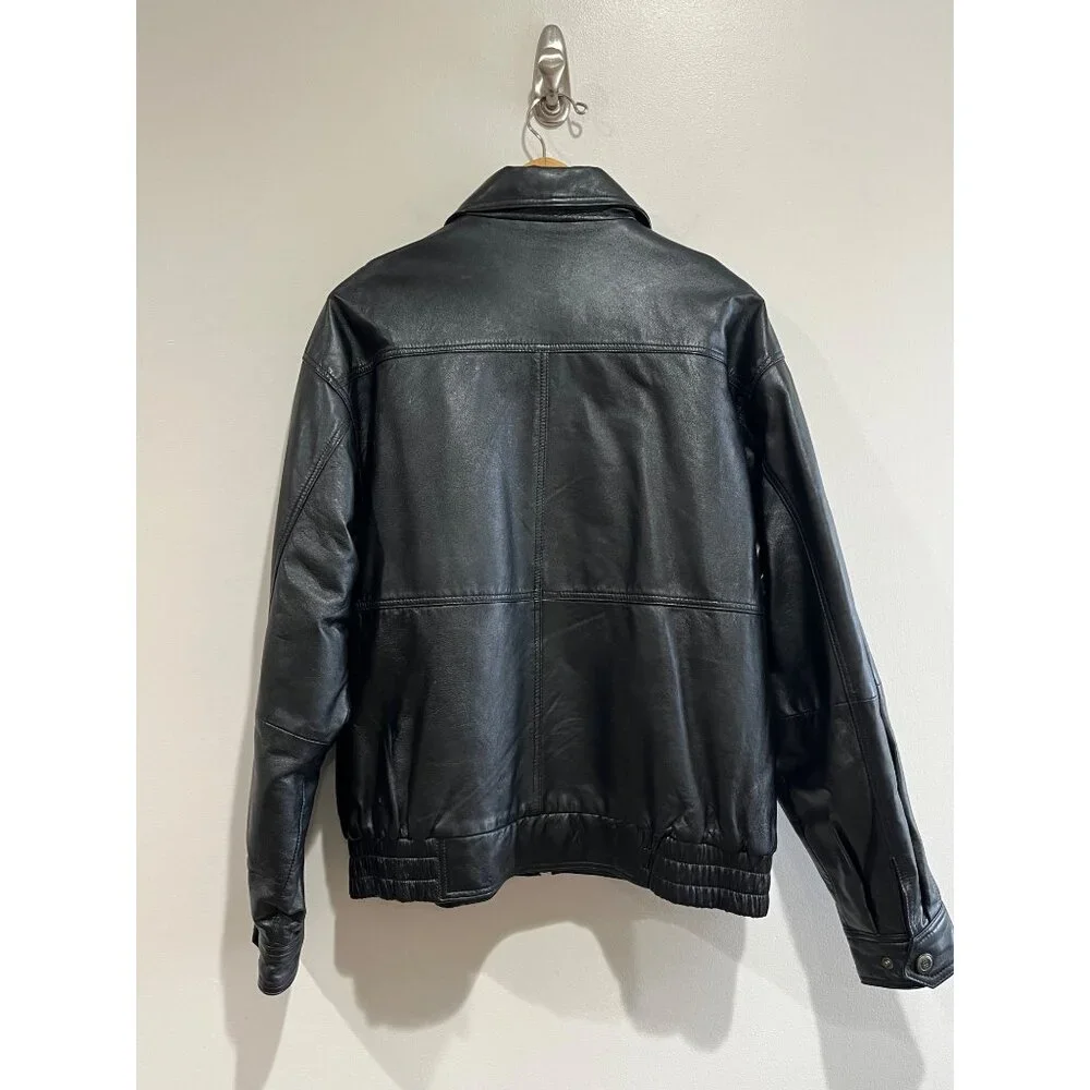 VTG 90s William Barry Leather Bomber Jacket Mens L Black Pockets